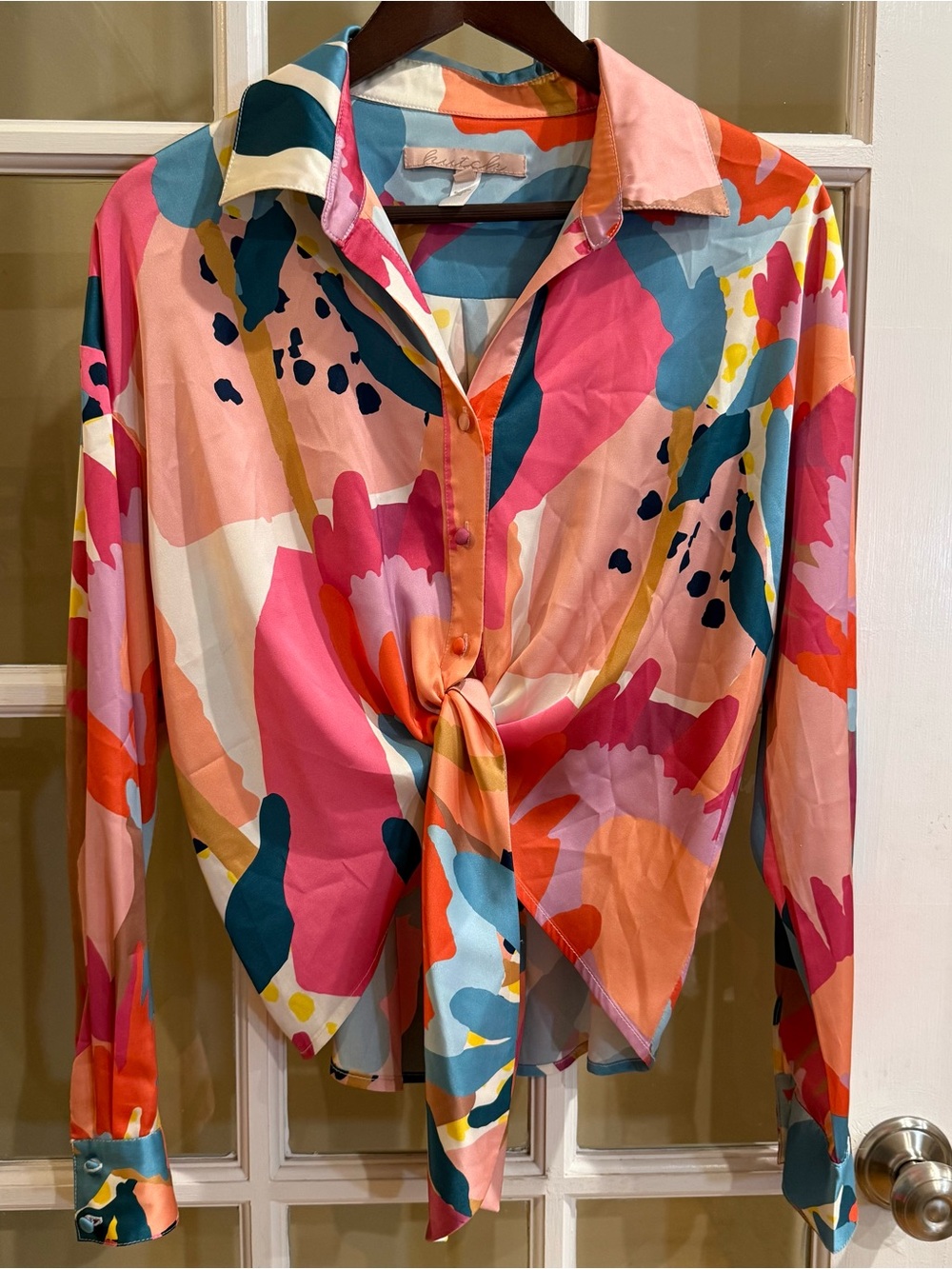 Anthropologie Hutch Robbie Tie Front Blouse Size Small Multicolor Long Sleeve